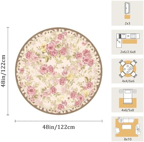 Washable 4ft Round Area Rug, Cream Boho Floral Non-Slip for Bedroom Kitchen - Image 2