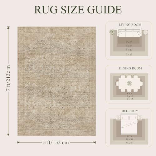 5x7 Washable Boho Area Rug, Non-Slip Dark Beige Bedroom Soft Carpet - Image 2