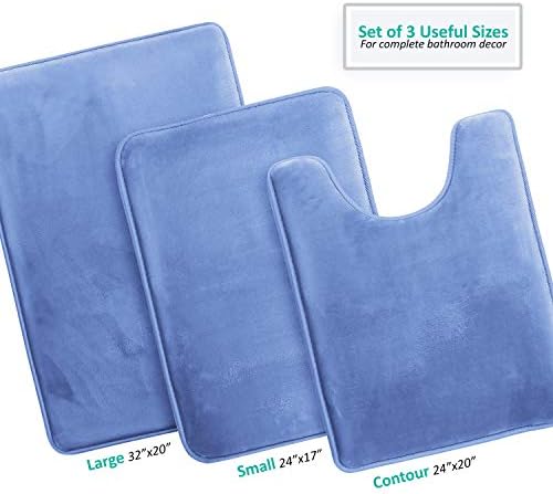Clara Clark 3 Piece Bathroom Rugs Bath Mat Set, Velvet Memory Foam Bath Mats for Bathroom - Non-Slip, PVC Backing Bath Rugs, Washable - Dries Quickly, Blue - Image 3