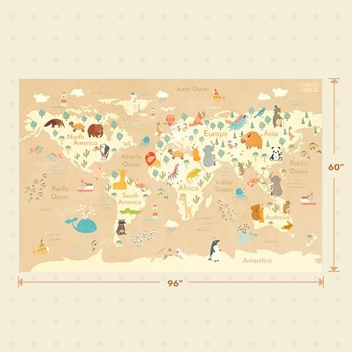 Hazo Haus Washable Kids Playroom Rug with Animal – 5x8 Educational World Map Area Rug with Kids Room – Non-Slip, Stain Resistant, Soft & Safe, Nursery, Classroom or Bedroom - Beige - Image 2