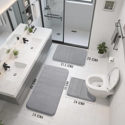 Yimobra 3 Pieces Memory Foam Bath Mat Set with U-Shaped Toilet Rug - Non Slip Super Soft Absorbent Quick Dry Bathroom Rugs for Bathtub, Vanity & Toilet Base, Gray - Image 2