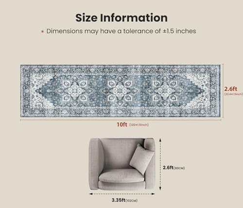 Amada 2'6"x10' Washable Runner Rug for Hallway, Blue, Vintage Style - Image 2