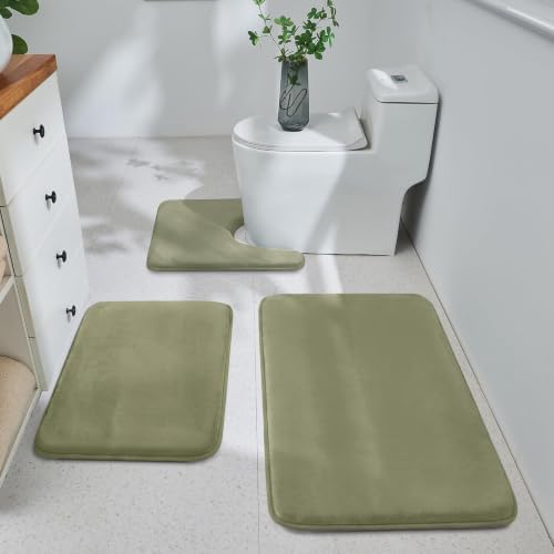 HUXMEYSON 3-Piece Memory Foam Bathroom Rug Set, Olive Green by HUXMEYSON