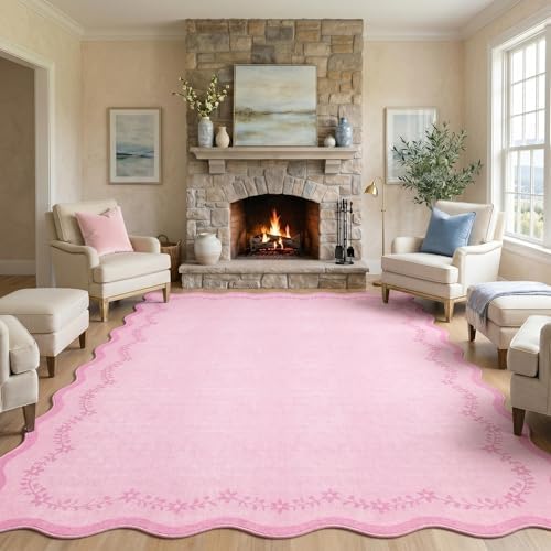GarveeHome Scalloped Area Rugs 8x10 Large Pink Washable Living Room Rug by GarveeHome