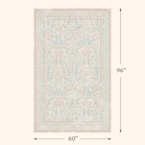 Pink and Blue Rugs for Bedroom Girls 5x8 - Girl Nursery Décor Non Slip, Kids Rugs for Playroom,Carpet for Dorm with Floral & Botanical Design, Cottage Oushak Carpet for Small Living Room - Image 2