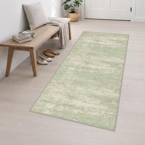 3x8 Washable Runner Rug：Modern Abstract Soft Carpet Green Cream - Image 3