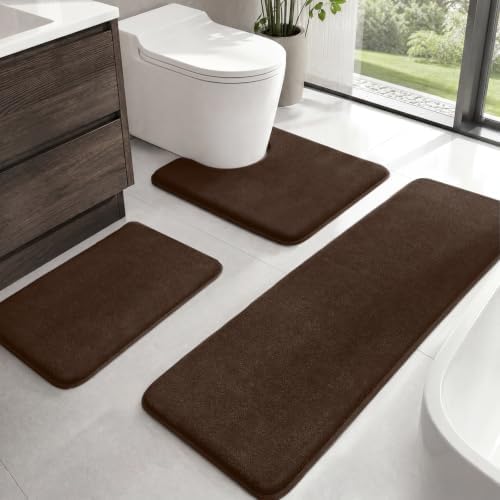 HUXMEYSON Bathroom Rugs Sets 3 Piece, Non-Slip & Quick Dry Bath Mat Set, Ultra Soft Velvet Bath Rugs for Bathroom, Toilet and Shower Floor, Brown by HUXMEYSON
