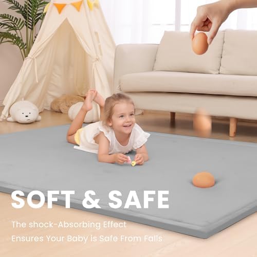Baby Play Mat for Floor,1.3" Thick Elasti-Foam 74×50 Playpen Mat for Toddlers Infant Kids,Water-Repellent Soft Coral Velvet for Tummy Time, Non-Slip Backing for Crawling,Tatami Style(Light Grey) - Image 4