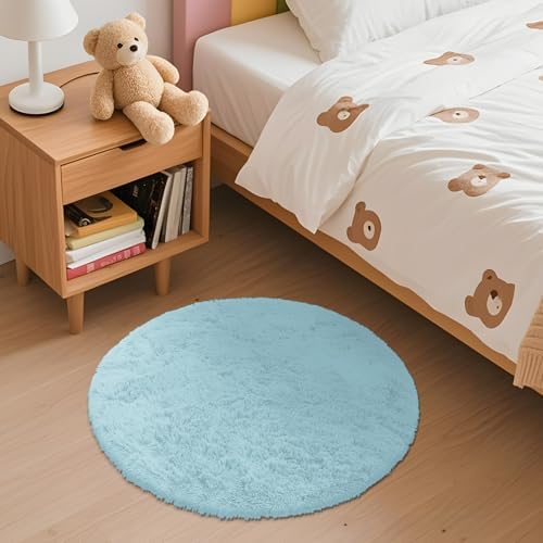 OLANLY Light Blue Round Rugs for Bedroom - Machine Washable, 2 ft Circle Area Rugs for Living Room, Soft and Fluffy Shaggy Carpet for Teen Girl and Boys, Nursery Rooms, Dorms, Home Decor Aesthetic - Image 3