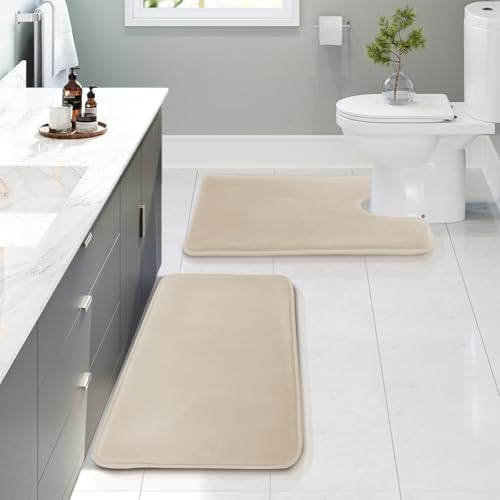 Clara Clark 2 Piece Bathroom Rugs, Velvet Memory Foam Bath Mat Set, Non-Slip Bath Rugs, Machine Wash, Dries Quickly, Ultra Soft Plush Bath Mats for Bathroom, 20 x 32 + Contour, Linen by ClaraClark