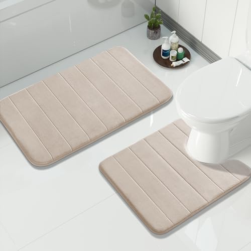 Yimobra Memory Foam Bathroom Mat Set, 31.5 x 20 & 24 x 20 in, Beige by Yimobra