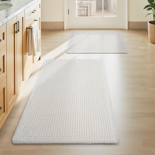 Upgraded Waffle Bath Mat Set of 2 Absorbent Bathroom Mat 17"x24" + 20"x32" by AMOAMI