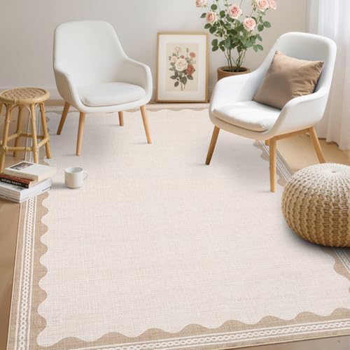 GarveeHome Scalloped 4x6 Rug Non-Slip Washable Low-Pile Carpet - Solid Beige Modern Rugs for Bedroom Living Room Nursery Kitchen Entryway Indoor Mat with Rubber Back - Image 3