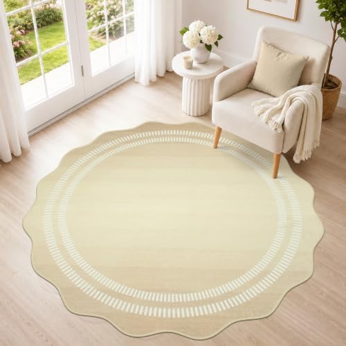 Entryway Round Rug 4ft,Washable Non Slip Neutral Ombre Scalloped Rug by Leccod