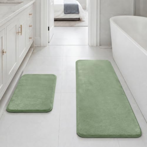HUXMEYSON Bathroom Rugs Sets 2 Piece, Non-Slip & Quick Dry Bath Mat Set, Ultra Soft Velvet Bath Rugs for Bathroom, Toilet and Shower Floor, Grey Green by HUXMEYSON