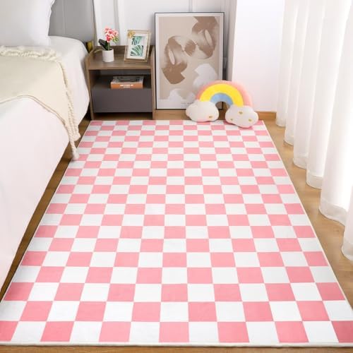 Terrug Pink and White Checkered Rug for Bedroom, 3x5 Washable Area Rugs by TerrugHomeDecor