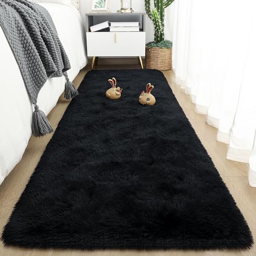 Tepook Black Soft Runner Rugs for Bedroom 2x6 ft with Rubber Backing by Tepook