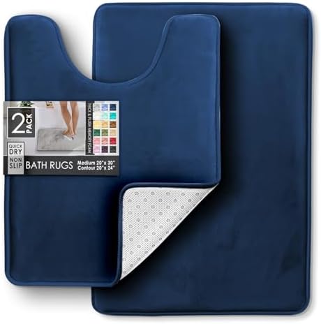 Clara Clark 2 Piece Bathroom Rugs, Velvet Memory Foam Bath Mat Set, Non-Slip Bath Rugs, Machine Wash, Dries Quickly, Ultra Soft Plush Bath Mats for Bathroom, 20 x 32 + Contour, Blue - Image 3
