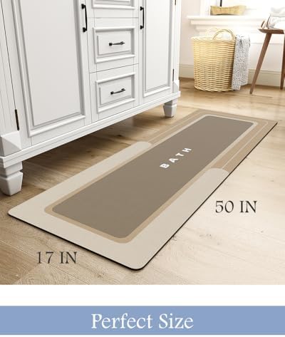 MontVoo-Bath Mat Rug Long Non Slip Super Absorbent Bathroom Runner Stain Resistant Quick Dry Thin Bathroom Mat Fit Under Door-17"x50",Beige - Image 2