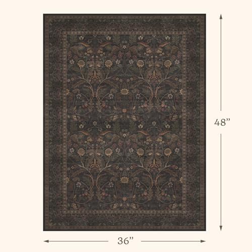Rustic Brown 3x4 Large Washable Entryway Rug Indoor - Stain Resistant Kitchen Sink Floor Mat Non Slip, Dark Floral Pattern Cabin Area Rug for Bedroom Beside Bed, Mudroom - Image 2