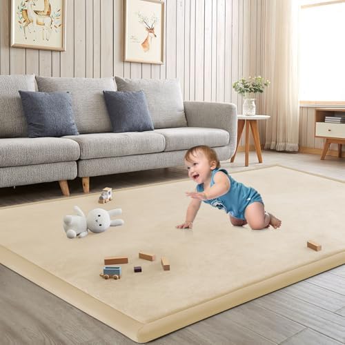 Baby Play Mat for Floor Nursery Rug Muscle Mat Area Rug Playroom Rug Playpen Mat Elastic Foam 1.3" Thick Crawling Mat for Babies,Toddlers, Infants, Kids 79"x118",A Beige by ILPEOD