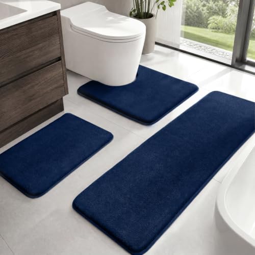 HUXMEYSON Bathroom Rugs Sets 3 Piece, Non-Slip & Quick Dry Bath Mat Set, Ultra Soft Velvet Bath Rugs for Bathroom, Toilet and Shower Floor, Navy by HUXMEYSON