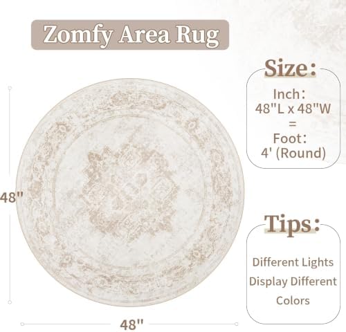Round Rug 4ft Vintage Rugs: Small Washable Circle Rug Distressed Non Slip Circular Carpet for Living Room Bedroom Kitchen Home(Beige, 4' Round) - Image 2