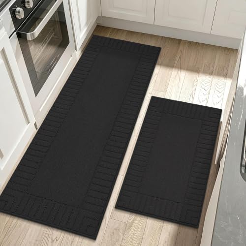 BEQHAUSE Kitchen Rugs Non Slip Washable 2PCS, 24"x35"+24"x60", Black by BEQHAUSE