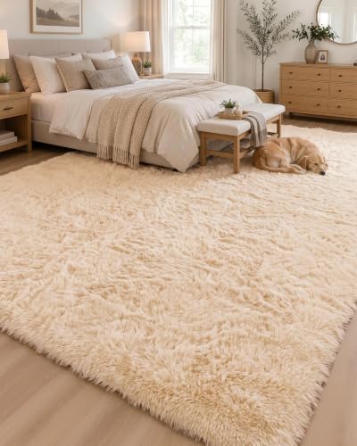 OLANLY 8x10 Machine Washable Large Area Rugs for Living Room, Bedroom, Soft Fluffy Shaggy Bedside Rug, Indoor Floor Carpet for Kids Girls and Boys, Dorms, Nursery, Home Decor Aesthetic, Beige by OLANLY