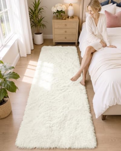 OLANLY 2x6 Machine Washable Runner Rugs for Hallway, Soft Fluffy Shaggy Bedside Rugs for Bedroom, Living Room, Indoor Floor Carpet for Kids Girls and Boys, Nursery Rooms, Home Decor Aesthetic, Ivory by OLANLY