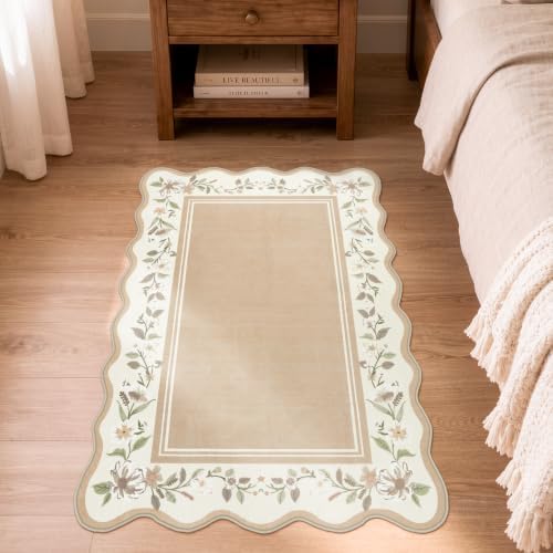 Lahome Scalloped Bathroom Rug 2x3, Beige Floral Bath Mat - Image 3