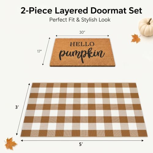 Fall Decor Doormat Combo Set, 100% Coco Coir Welcome Mat + 3' x 5' Coffee and White Plaid Rug - Fall Thanksgiving Front Porch Entryway Decor Floor Mat, Indoor Outdoors Autumn Mats Hello Pumpkin - Image 2