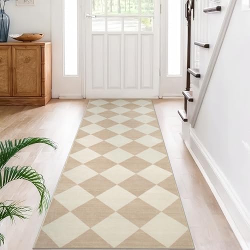 Beeiva Checkered Print Carpet Runners for Hallway 6ft, Beige Ultra Thin Washable Kitchen Runner Rug Non Slip, Moroccan Plaid Checkerboard Decor Faux Wool 2x6 Rug for Bedroom Bathroom Entryway by Beeiva