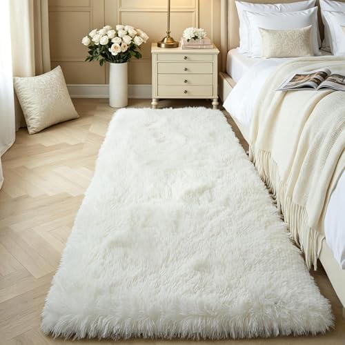 Ivory Cream Fluffy Shag Runner Rug, 2'x6', Washable Non Slip Plush Carpet by KICHOWUA