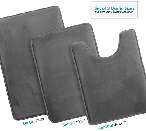 Clara Clark 3 Piece Bathroom Rugs Bath Mat Set, Velvet Memory Foam Bath Mats for Bathroom - Non-Slip, PVC Backing Bath Rugs, Washable - Dries Quickly, Grey - Image 3