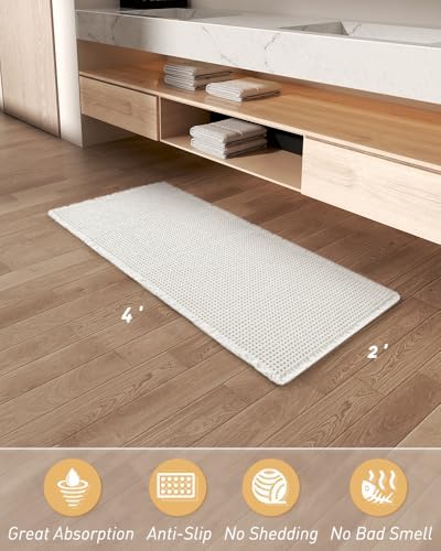 AMOAMI Waffle Runner Rug Super Absorbent Non Slip Bath Mats for Bathroom Floor, Machine Washable Bathroom Runner Rug with Tassels, Ideal for Hallway Bedroom Laundry Room, White, 2'x 4'(24" x 48") - Image 2