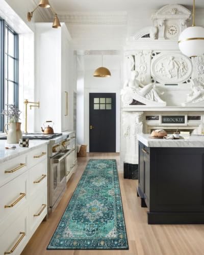 Moynesa Ultra-Thin Washable Runner Rug - 2'6" x 10' Teal Runners for Hallways Stair Carpet Runner, Oriental Non Skid Non Shedding Low Pile Kitchen Mat for Bedroom Mudroom Hardwood Floor - Image 6