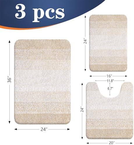 OLANLY Microfiber Bathroom Rugs Sets 3 Piece, Soft Bath Mats, Light Beige - Image 2