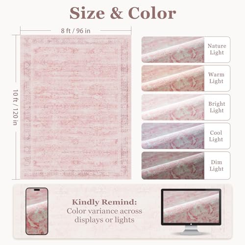 Large Pink Living Room Rug 9x12, Aesthetic Distressed Area Rugs for Bedroom Girls Playroom, Washable Non Slip Nursery Rug Stain Resistant, Low Pile Thin Carpet Rug for Dining Room Home Office - Image 2