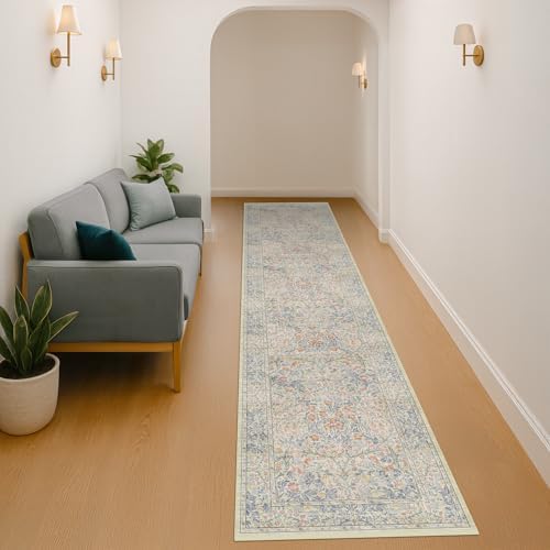Hazo Haus Washable Beige Blue 2x10 Runner Rug for Hallway Kitchen Mudroom, Non-Slip Stain Resistant Extra Long Floor Mat 10 ft - Vintage Floral Aethestic Decor - Image 6