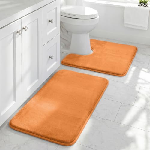 HUXMEYSON Bathroom Rugs Sets 2 Piece, Non-Slip & Quick Dry Bath Mat Set, Ultra Soft Velvet Bath Rugs for Bathroom, Toilet and Shower Floor, Orange by HUXMEYSON