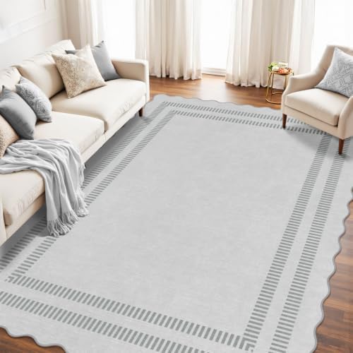 8x10 Area Rugs, Scalloped Grey Modern Living Room Rug, Solid Large Machine Washable Rug Non-Slip, Soft Lightweight Carpet for Bedroom Playroom Dining Room - Image 3