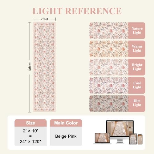 DUKINO 2x10 Runner Rug for Hallway, Washable Vintage Floral Rug, Beige Pink - Image 2