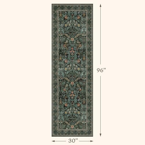 Washable 2'6"x8' Kitchen Runner Rugs Non Skid, 8ft Long Hallway Entryway Runner Rug, Non Slip Wide Carpet Runners for Bathroom, Dark Green Low Pile Soft Vintage Dark Floral Floor Decor (Dusty Teal) - Image 2