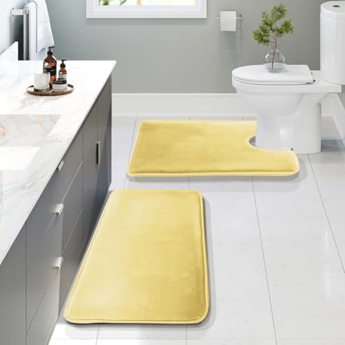 Clara Clark 2 Piece Bathroom Rugs, Velvet Memory Foam Bath Mat Set, Non-Slip Bath Rugs, Machine Wash, Dries Quickly, Ultra Soft Plush Bath Mats for Bathroom, 20 x 32 + Contour, Mellow Yellow by ClaraClark
