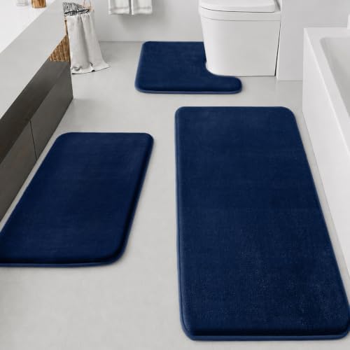 HUXMEYSON Bathroom Rugs Sets 3 Piece, Non-Slip & Quick Dry Bath Mat Set, Ultra Soft Velvet Bath Rugs for Bathroom, Toilet and Shower Floor, Navy by HUXMEYSON