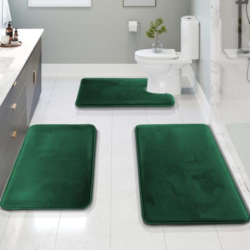 Clara Clark 3 Piece Bathroom Rugs Bath Mat Set, Velvet Memory Foam Bath Mats for Bathroom - Non-Slip, PVC Backing Bath Rugs, Washable - Dries Quickly, Green by ClaraClark