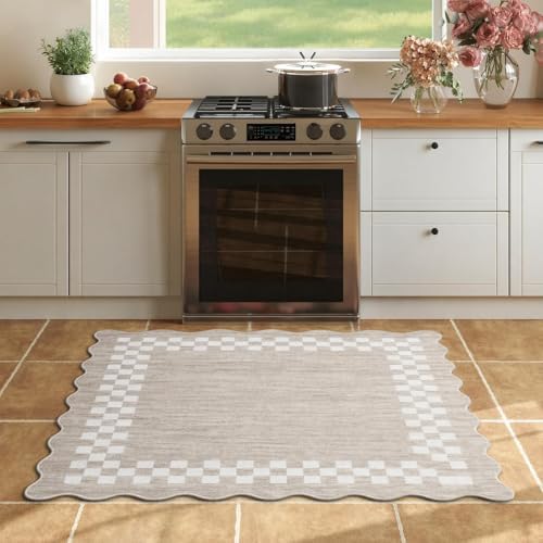 Small Area Rug 2x3 Modern Checkered Entry Rug Solid Color Scalloped Kitchen Rugs Washable Bedroom Doormat Non Slip Stain Resistant Bordered Throw Carpet for Living Room Nursery Laundry, Fog by GarveeHome