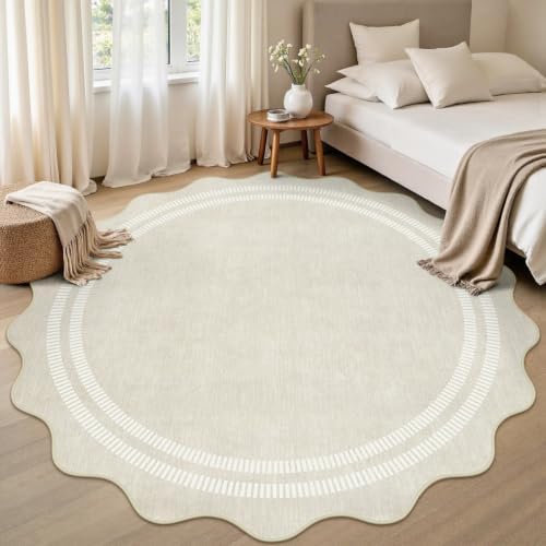 Round Area Rugs 6ft for Bedroom, Ivory Washable Circle Rug Soft Non Slip Floor Scalloped Carpet Indoor Thin Rug for Living Room Dining Room Playroom Nursery - Image 6