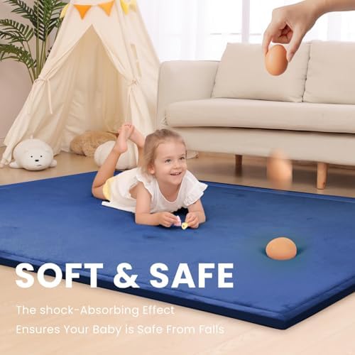 Large 79"x110" Baby Activity Play Mat for Floor,1.3" Thick Elasti Foam Cushion Mat for Tummy Time & Crawling,Non-Slip&Safe for Infants,Toddlers & Kids, for Living Room,Classroom & Playroom（Dark Blue) - Image 5